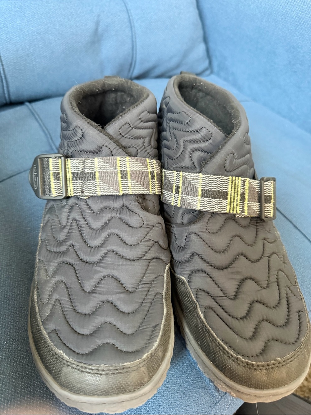 Chaco Quilted Black Slip-Ons with Yellow-Accent Plaid Strap